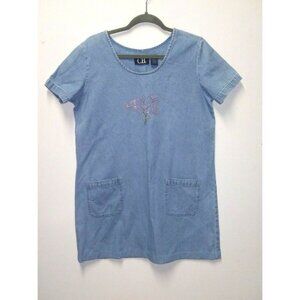 Vintage Denim Dress short Sz M Embellished CB Casuals Pockets short sleev Cotton
